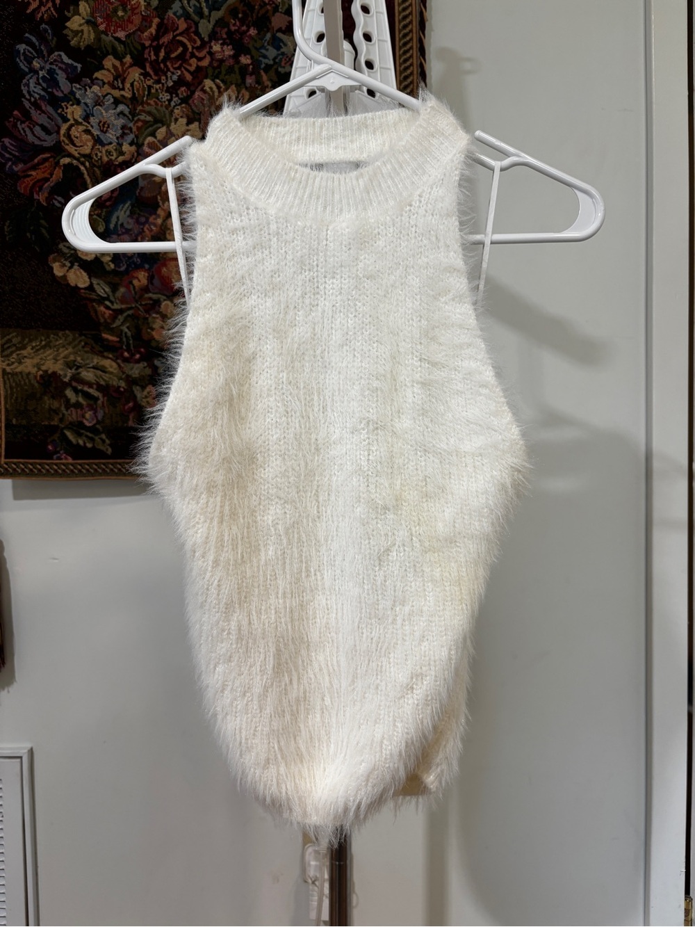 Zara NWT White Fuzzy Halter Top L Open Back Mock Neck Y2K